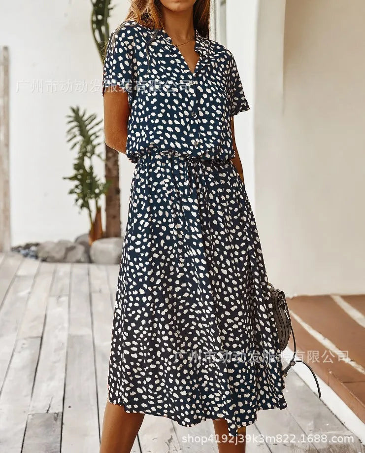 New Fashion Women's Polka Dot Print Short Sleeve Midi Dress Cotton Summer New Arrival Knee-Length Stand Collar Regular Waist
