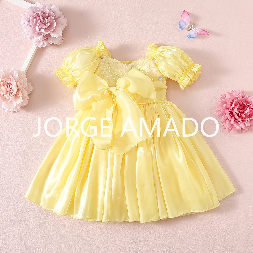 New Summer Sister Girl Matching Romper Dress Short Sling Sleeves Big Bow Bodysuit Sequined Princess Dresses Twins Clothing H1518