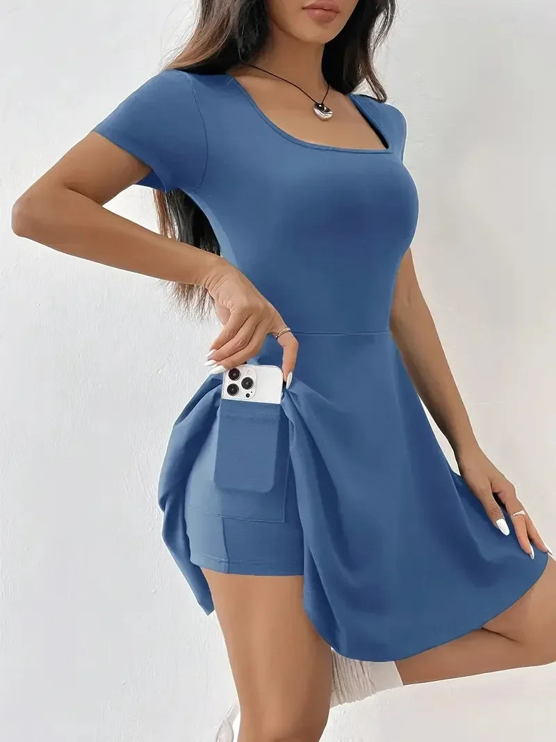 Summer 2025 Brown Knitted Short Casual Dress Mini Skirt Length Polyester Fiber Square Collar Empire Waistline Regular Sleeve