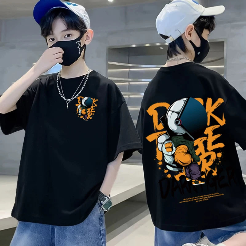 100% Cotton Boys T-shirt Summer Streetwear Cool Graffiti Print Girls Tees Short Sleeve Children Tops High Quality Kids Clothes