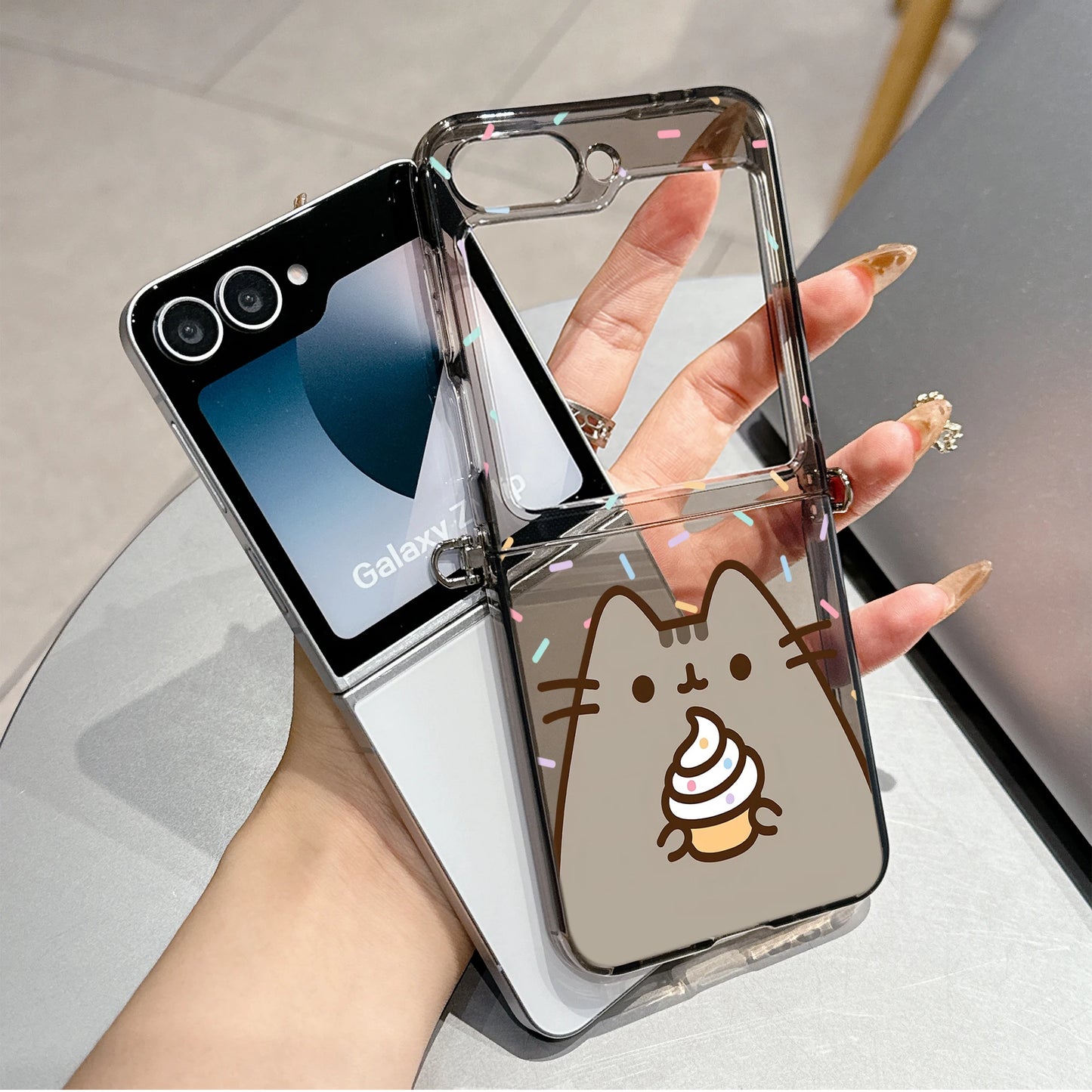 Cute Cartoon Funny Donuts P-Pusheens Cat Phone Case for Motorola Moto Razr 40 50 60 Ultra 5G Semi-transparent Foldable TPU Cover