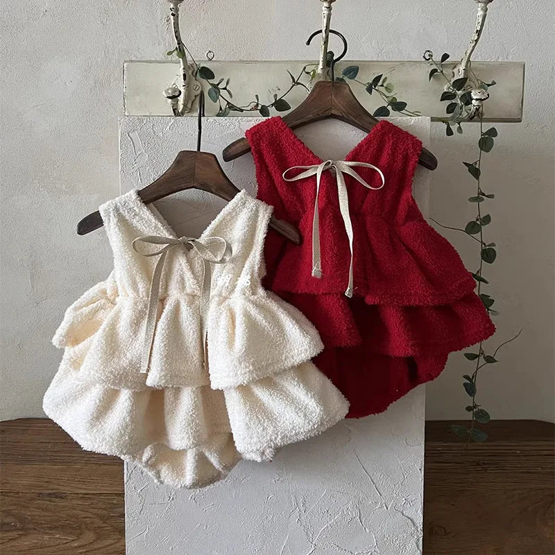 MILANCEL New Winter Baby Bodysuit 3-24M Solid Color Sweet  Infant Girls Pinafore Dress Cute Bow Thicken Loose Toddler Clothes