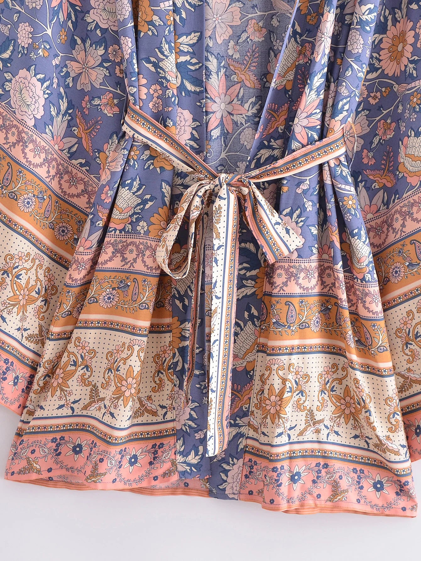 BOHO Women Blue With Pink Flower Print Kimono Shirt Holiday Tide Bow Sashes Mid Long Cardigan Summer Blouse Beach Cape