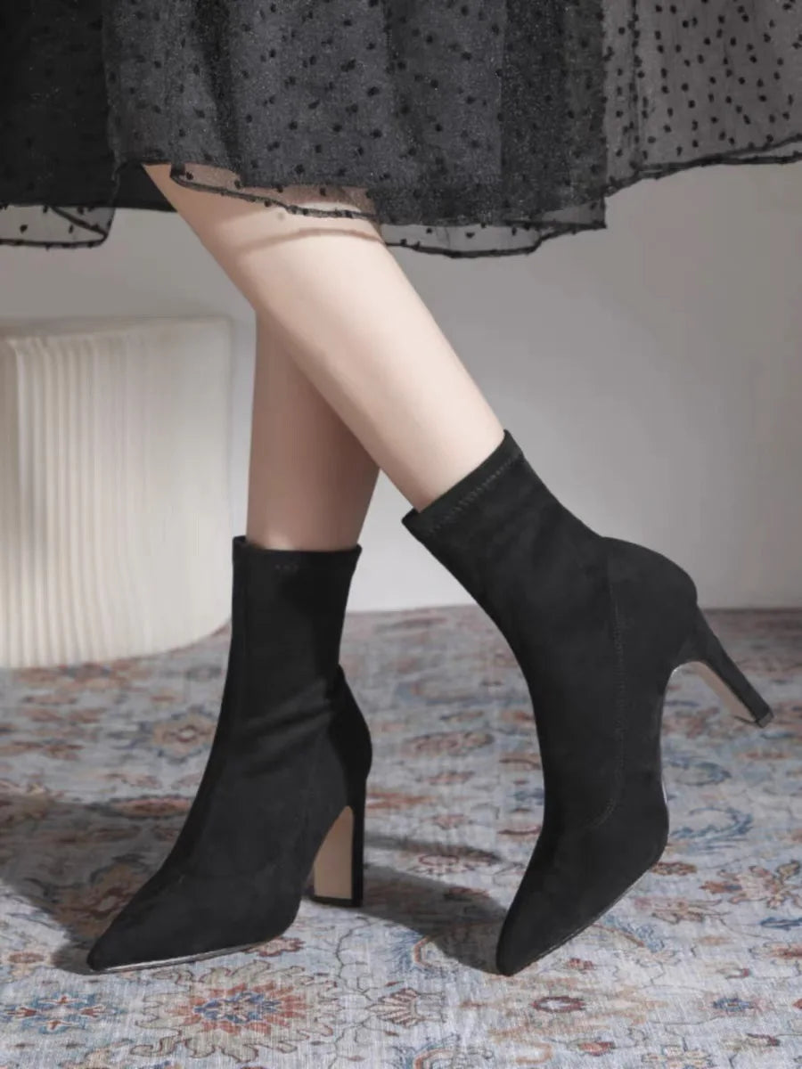 Women Boots Short High Heels Shoes for Women Autumn Winter Botas Mujer Ankle Boots Black Sock Women Heels Boots Female D220