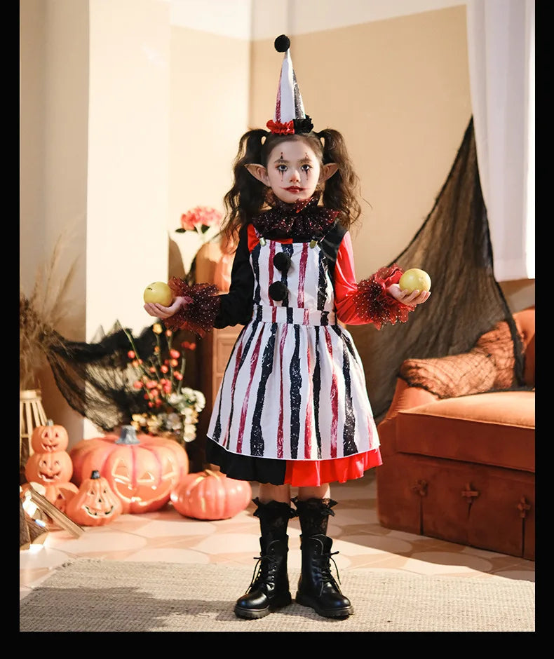 Halloween Cosplay Costumes Horror Clown Dresses Pants Headwear Clothes Sets Carnival Theme Party Role Playing Outfits for Girls