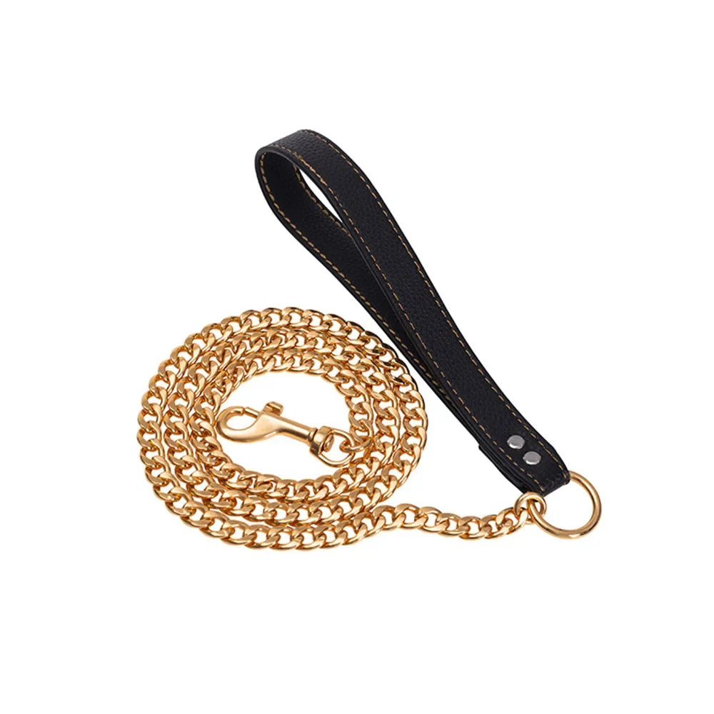 Stainless Steel Gold Chain Dog Leash Metal Chew Proof Heavy Duty Dog Leash Chain with Leather Padded Handle for Large Medium Dog