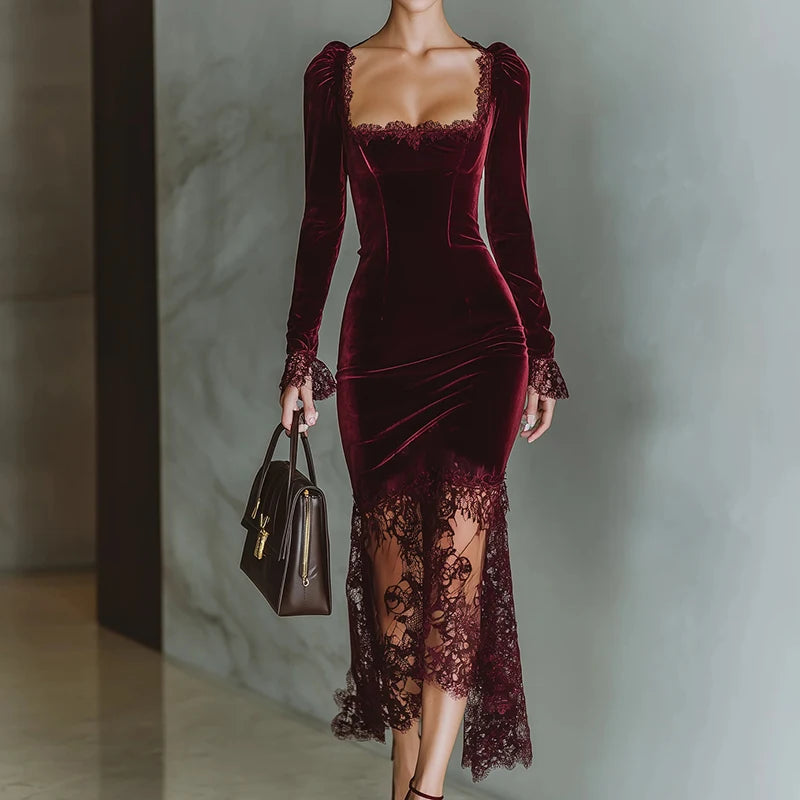 Square Collar Autumn Winter Chic Maxi Dress, Women Holiday Lace Patchwork Fashion Party Dress, Long Sleeve Backless Ladies Dress
