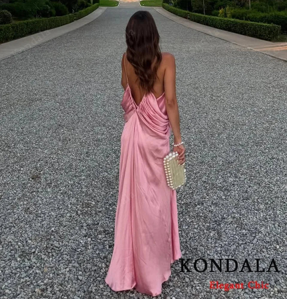 KONDALA Elegant Pleated Satin Dress Women Side Fold Pleated Suspender Long Dress 2025 Summer High Street Dating Lady Dress