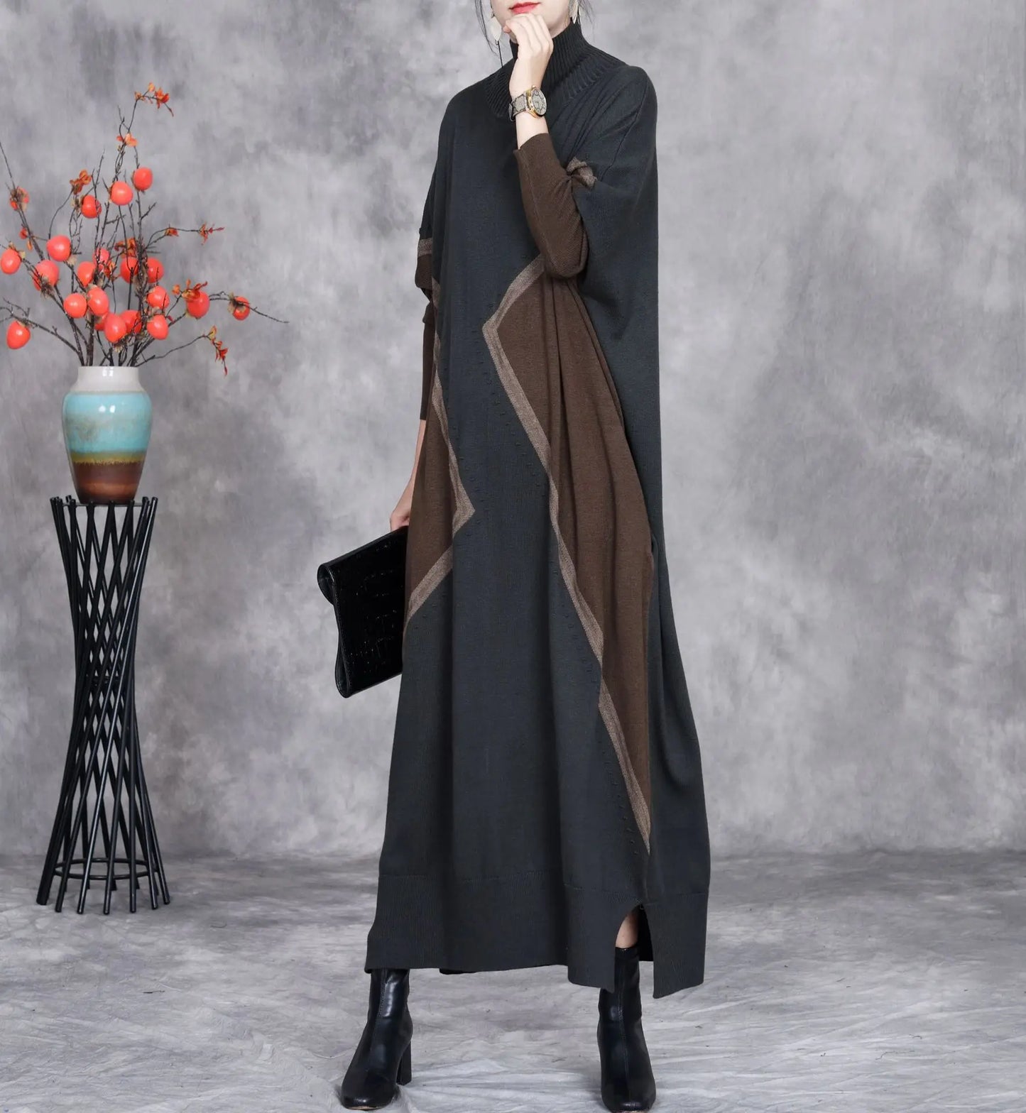 Johnature 2025 Woman Autumn New Fashion Mock Neck Loose Long Sleeves Dress Chinese Style Contrast Batwing Sleeve Casual Dress