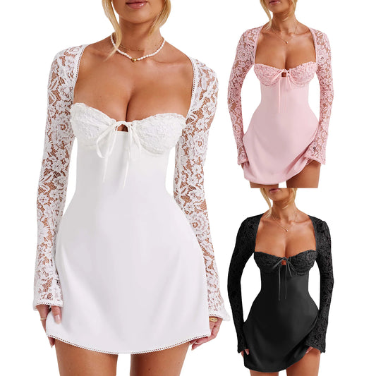 Meihuida Fairycore Women Mini Dress, Long Sleeve Backless Low-cut Tie-up Lace Patchwork Cocktail Dress A-line Dress