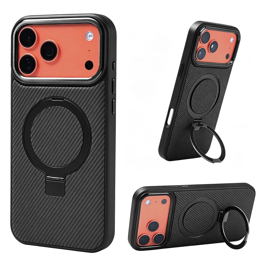 Carbon Fiber 360°Rotatable Magnetic Ring Stand Case Support Magnetic Wireless Charging Plating Camera Shockproof Cover For Phone