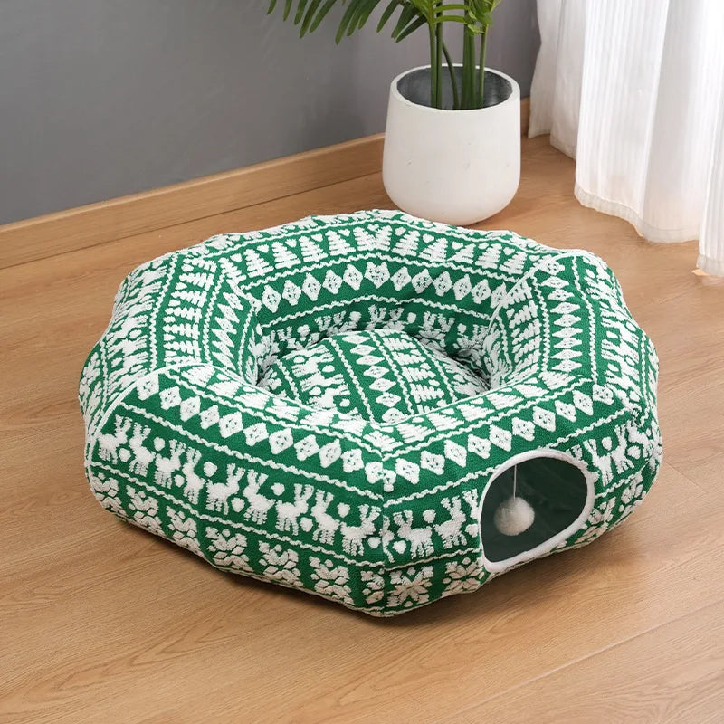 Round Donut Cat Beds Christmas House Soft Plush Pet Mat for Puppy Cushion for Cats To Hide 2 in 1 Tunnel Cats Sleeping Sofa Noel