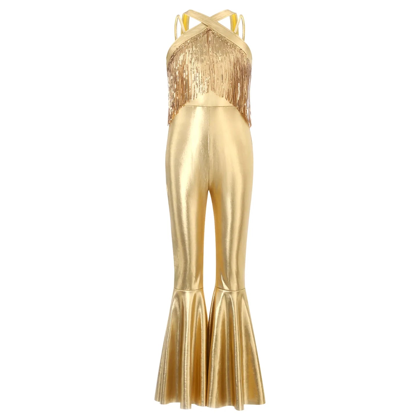 Kids Girls Hippie Halloween Costume Tassels Unitard Bell-bottom Long Pants Bodysuit Jumpsuit Disco Dance 60s 70s Rave Party Wear