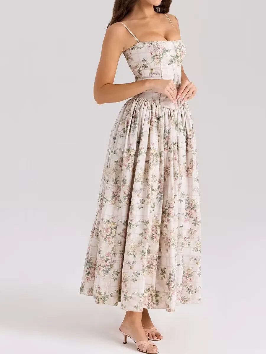 Elegant Fairylike French Style Gentle Floral Print Strapless Midi Dress Slimming Women's Fashion High End Feeling Dress