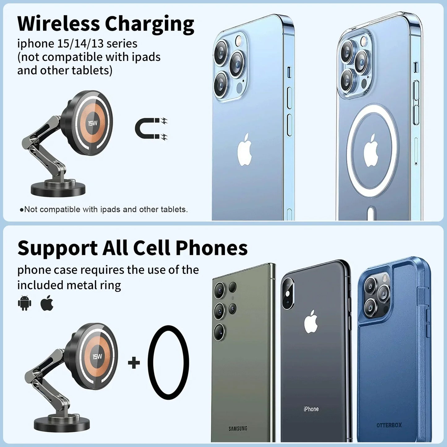 15W Magnetic Car Phone Holder Mount Wireless Charger Fast Charging Rotation Magnetic Car Phone Stand for IPhone 16 15 14 13 12