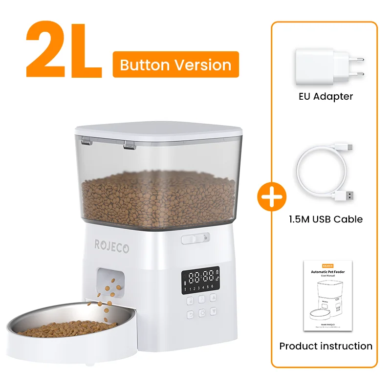 ROJECO Smart Dog Feeder Automatic Dog Food Kibble Dispenser Button Version for Pet Cats Auto Food Container Dog Feeding Supplies