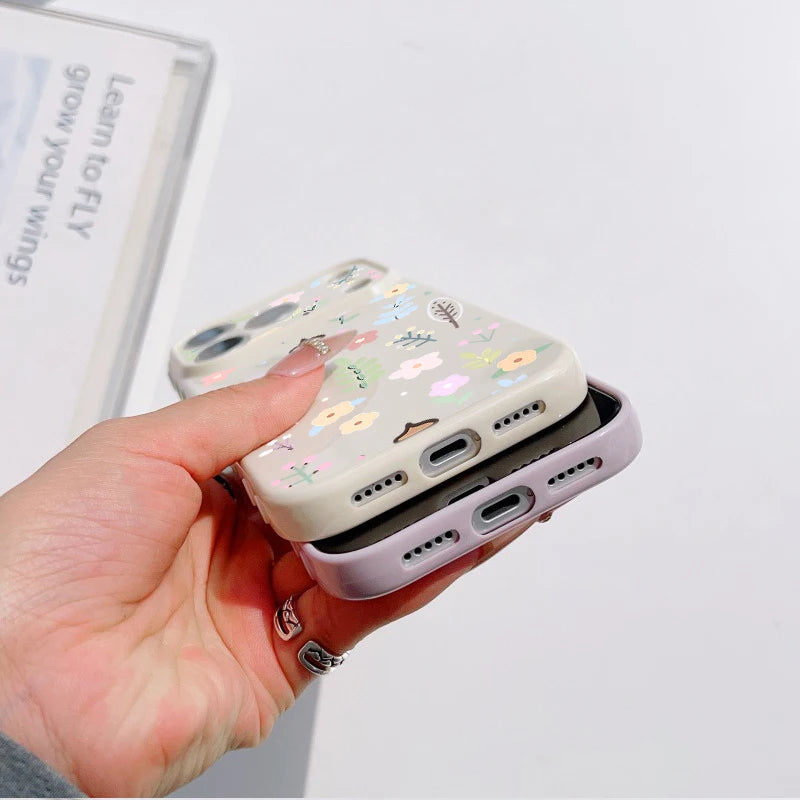Spring Pastel Floral Shockproof Phone Case For iPhone 17 Pro 16 Plus 15 Pro 14 13 12 11 Pro Max Heart Side Cute Girly Back Cover