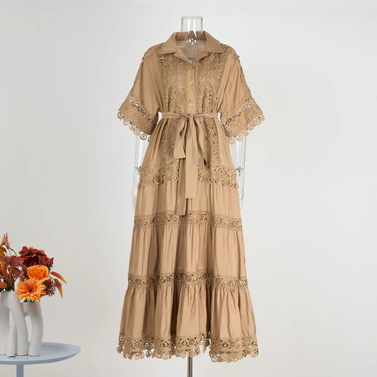 Luxury Long Maxi Dresses Shirt Women 2025 Summer Holiday Lace Embroidery Cotton Loose Big Size Hollow Out Wedding Dress White