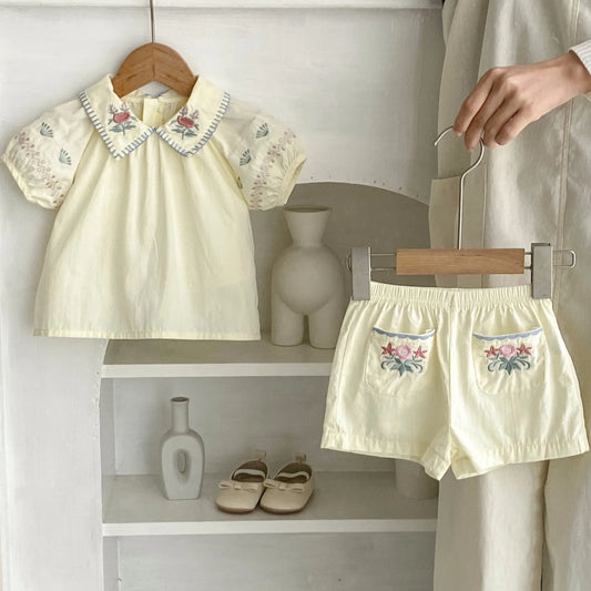 New summer baby clothing, set of 2 pieces for 0-3 year old girls with flower embroidered lapel short sleeved top and thin shorts