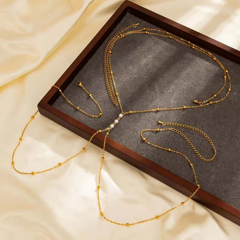 Fashion Metal Beaded Chest Chain for Women Sexy Gold Color Round Bead Chain Pearl Cross Waist Chain Bikini Hottie Jewelry Gifts