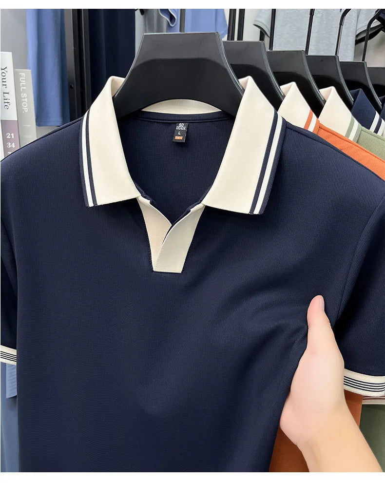Light luxury summer new short sleeve polo shirt silky breathable high-end men's fashion personalized color blocked lapel T-shirt