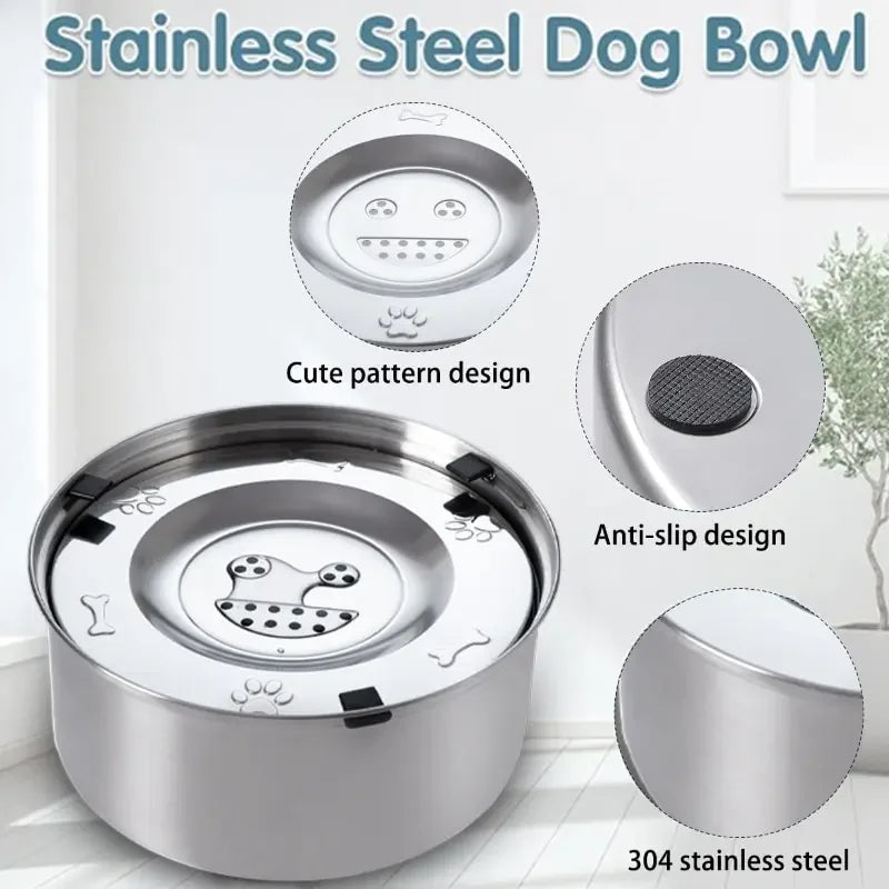 1L/3L Stainless Steel No Spill Water Bowl for Dogs/Cats Non-Slip Slow Dog Bowl Water Feeder Dispenser for Medium Large Dogs