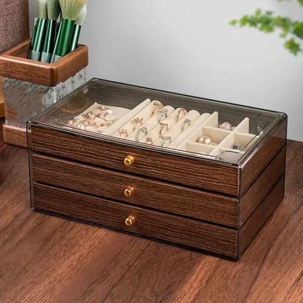 Multi-layer Wooden Jewelry Box Transparent Window Rings Necklace Jewelry Storage Case Organizer Bracelet Earrings