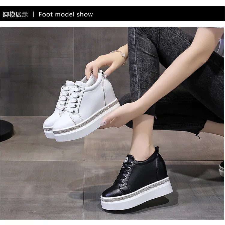 Comemore Internal High Vulcanised Shoes Women Spring Autumn Thick Bottom Casual Single Shoes Lace Up Black White Sneakers Women
