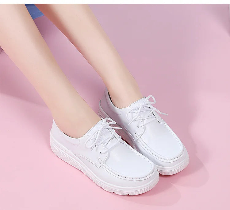 Platform White Shoes Women Casual Comfortable Light Nurse Work Shoes Fashion Slip on Non-slip Loafers Women Genuine Leather Shoe