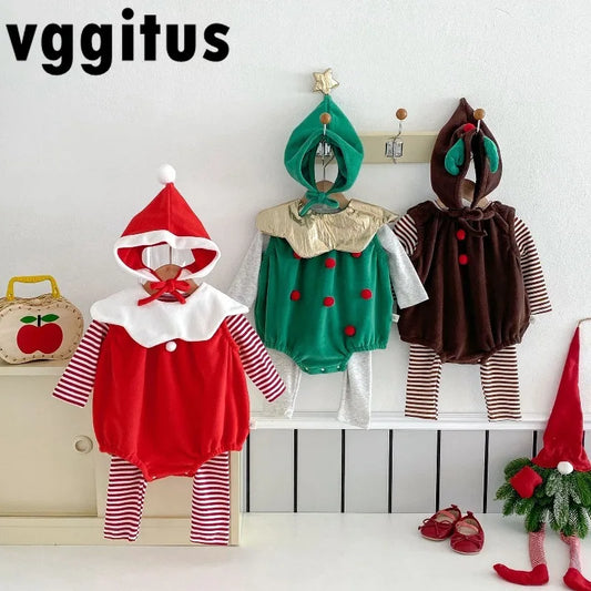 Baby Girl Boy Autumn Winter Christmas Cute Sleeveless Bodysuit Long Sleeve Striped Top Pants Infant Bibs Newborn Clothes B6091