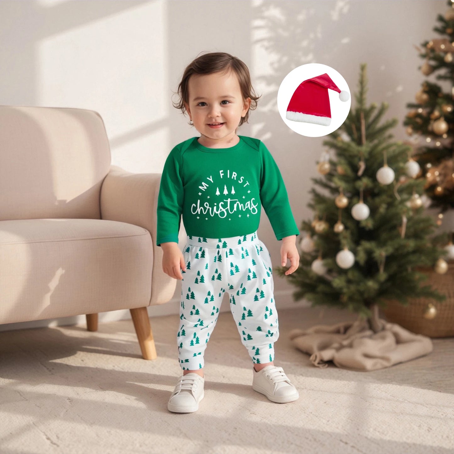 Baby Boy First Christmas Outfit Long Sleeve Truck Tree Print Romper Jogger Pants Hat Newborn Fall Winter Clothes Set