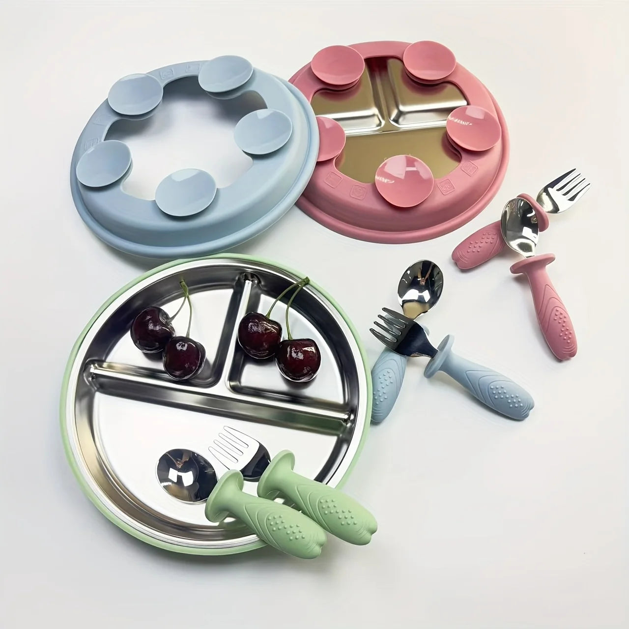 3-pack stainless steel cutlery tray, baby feeding tray, removable suction cup, BPA-free silicone baby training spoon