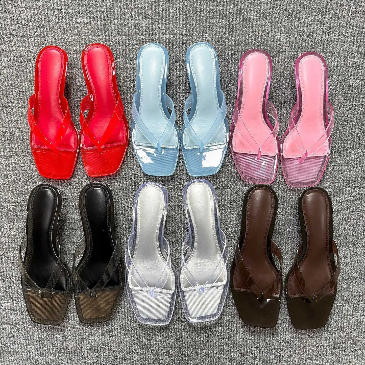 Vacation Elegant Kitten Heel Thong Sandals, Square Toe Clear Brown Jelly Flip Flops, Women Summer Comfortable Beach Party Shoes