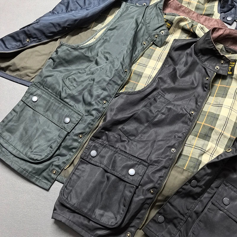 2026 Autumn Winter New American Retro Sleeveless Cargo Vest with Oil Wax Men's Multi-pockets Casual Heavyweight Waterproof Coat