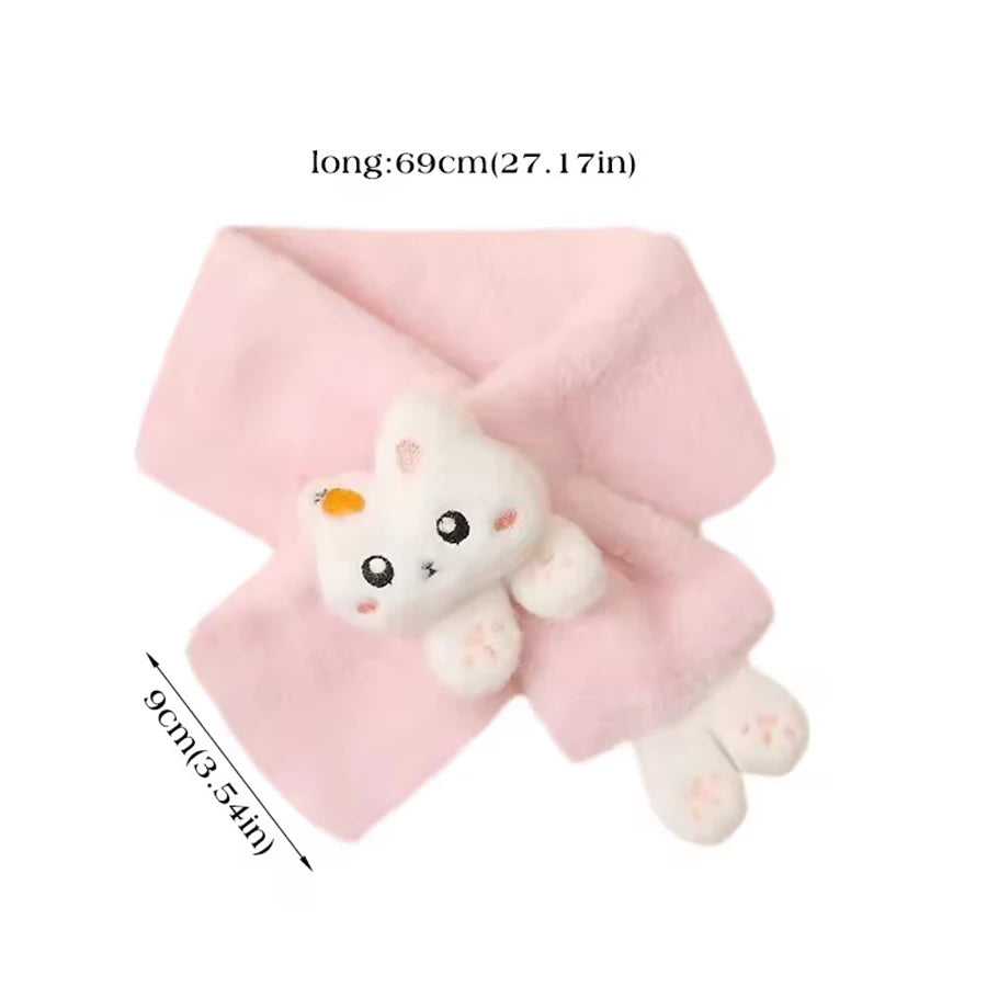 Girls Winter Warm Scarfs Thick Plush Cross Children's Scarf Baby Bib Cute Cartoon Rabbit Faux Fur Cross Neckerchief Protection S
