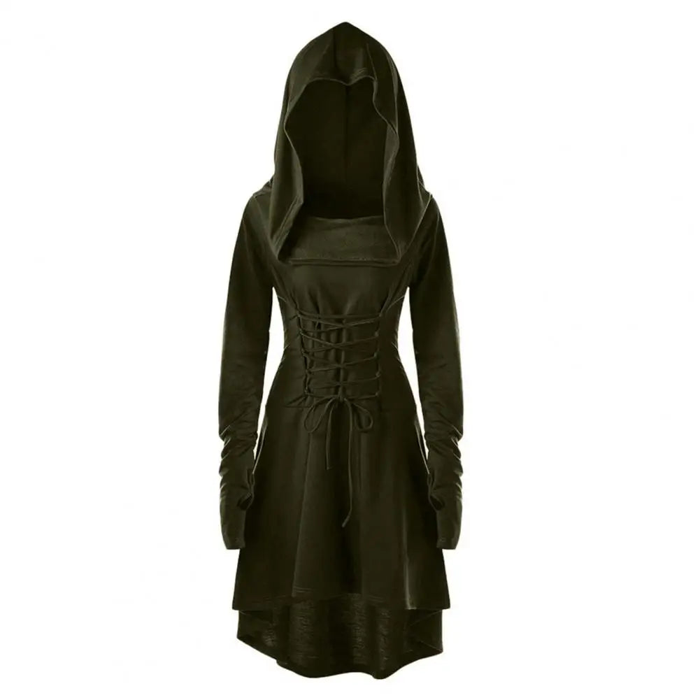 Women Milk Silk Dress Hooded Long Sleeves Lace-up Strap Slim Waist Irregular Hem Women Midi Dress Festival Party Halloween Dress