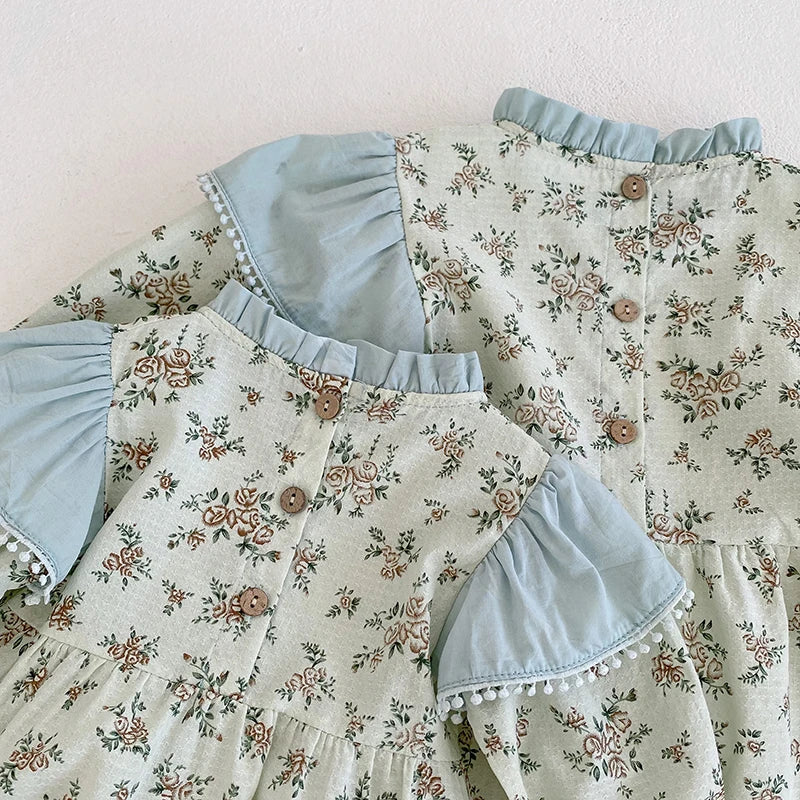 0-3Y Baby Autumn Clothes Retro Lace Infant Bow Ruffle Collar Long Sleeves Bodysuit Kids Girls Floral Print Casual Cotton Onesie