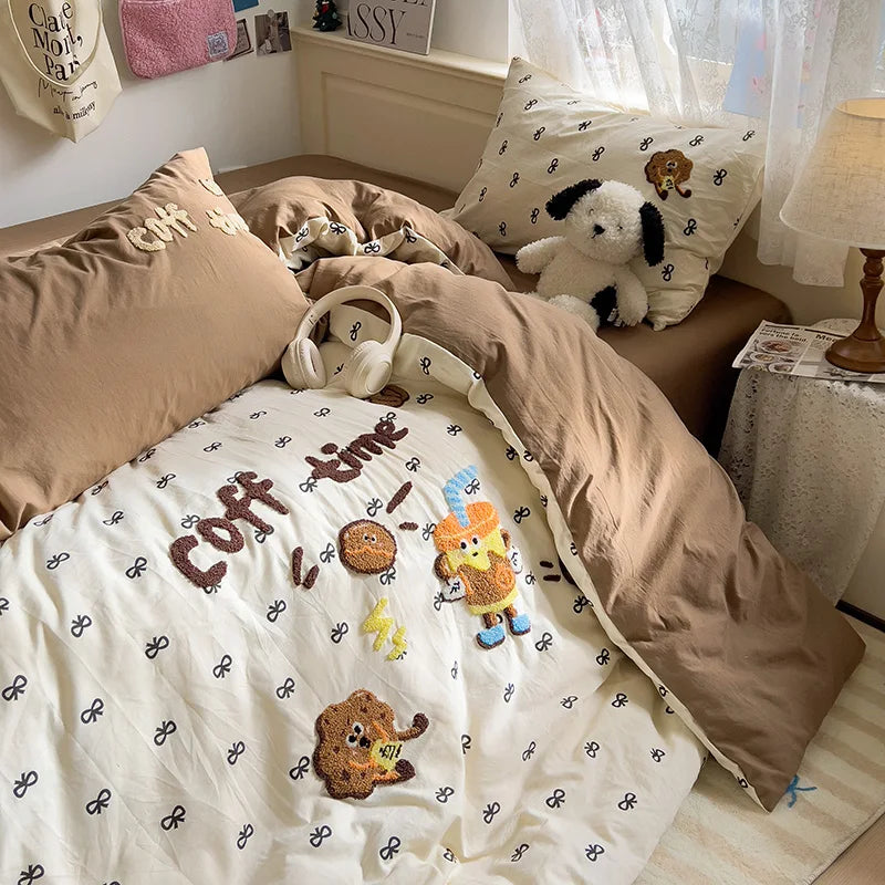 Cartoon Animal Embroidery Bedding Set For Adults Kids Cute Flat Fitted Sheet With Pillowcases Washed Cotton Colorful Full Size