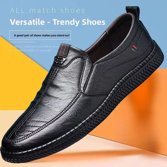 Men's Casual Thick Bottom Soft Sole Leather Shoes Dad Style Versatile Low Top Spring Autumn Season Breathable Slip-On Shoes