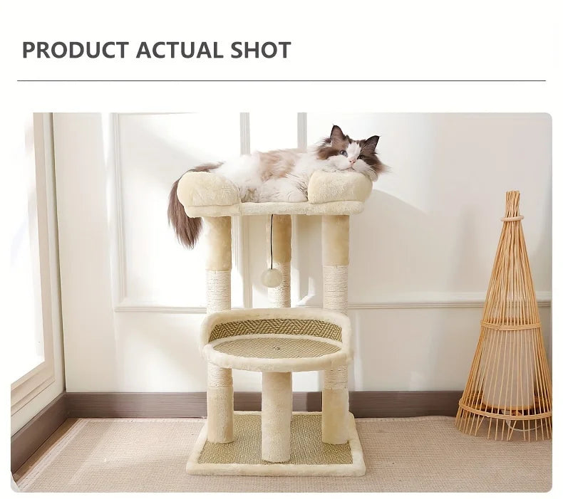 2-Tier Luxury Cat Tree with Sisal Scratching Posts, Multi-Level Cat Tower with Plush Perches & Hanging Toys, Durable Activity