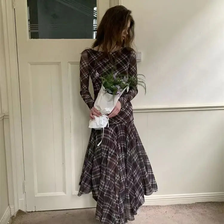 French Sexy Lazy Plaid Long Sleeve Dress Women's Autumn New Elegant Waist-Cinching Slimming Midi Dress Polyester Fabric