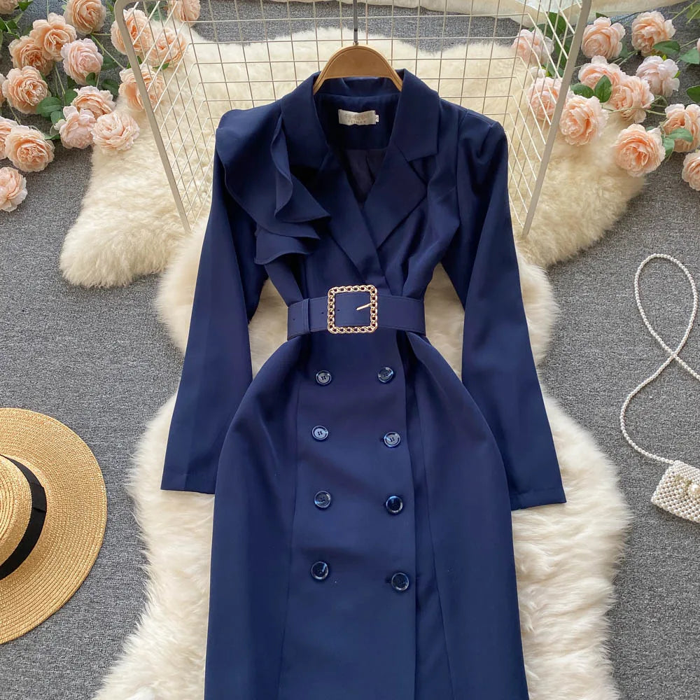 Women Elegant Office Dress Spring Autumn Long Sleeve Fashion Slim with Belt Midi Dresses Vintage Ladies Blazer Dress Vestidos