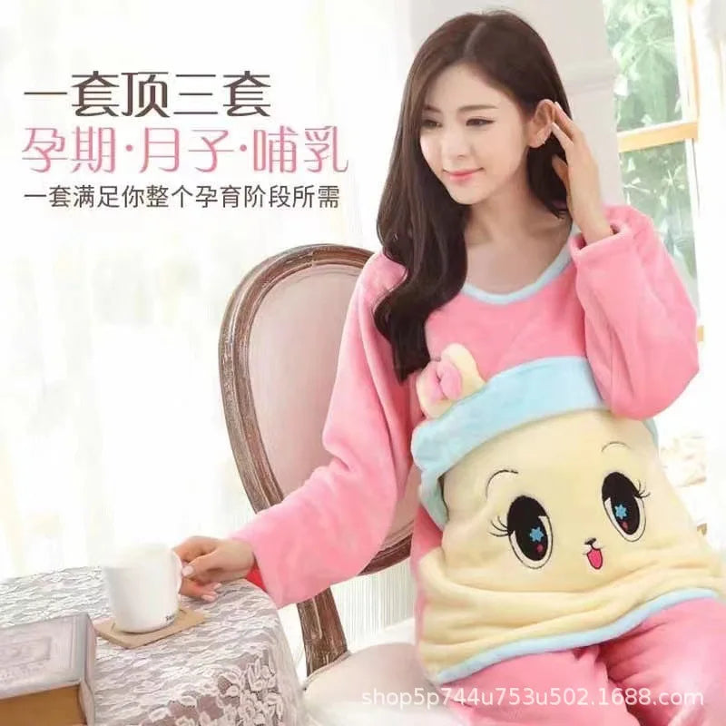 Autumn Long Sleeve flannel Maternity Clothing winter Thin coral fleece Pajamas Set Pregnant Women Breastfeeding Nursing Pyjama