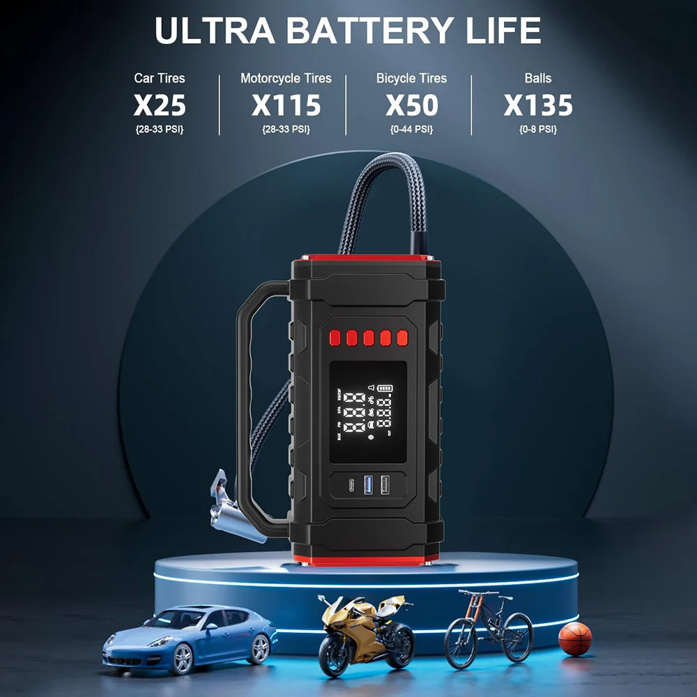 4‑IN‑1 Portable Car Jump Starter with Air Compressor, Tire Inflator, Power Bank with Fast Charging & LED Light for 12V Emergency