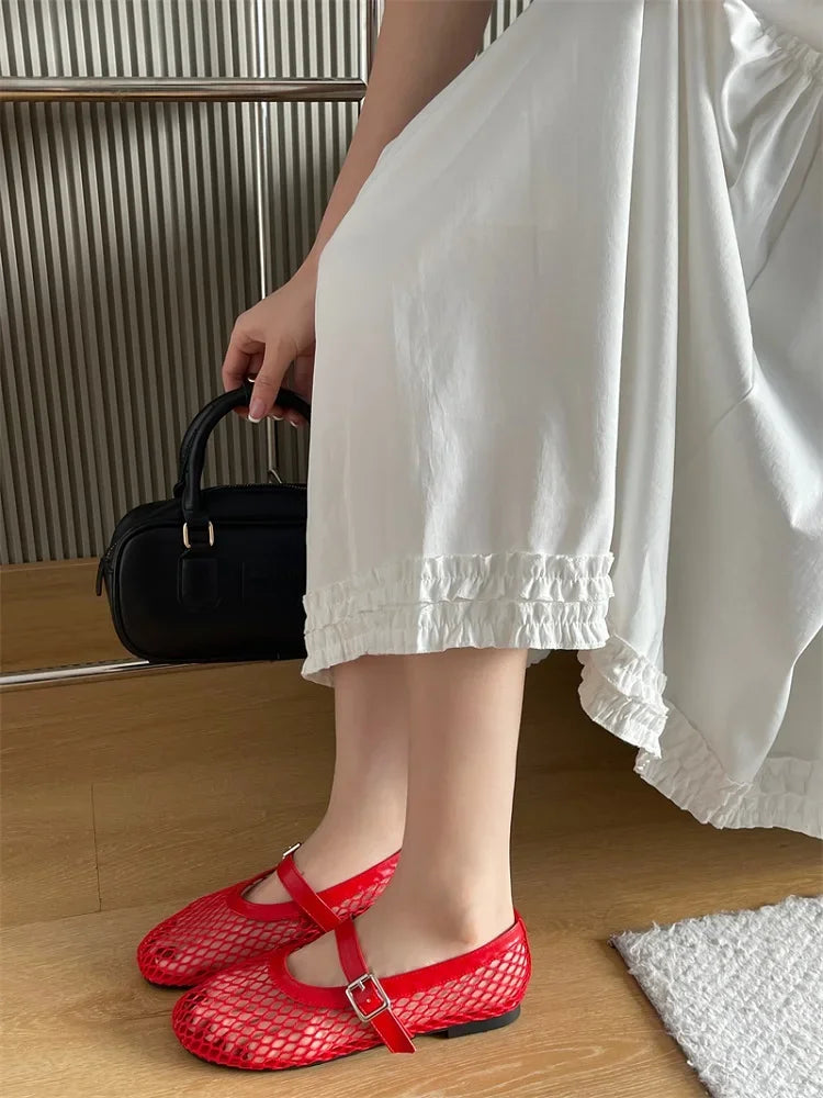 Aneikeh BIG Size 35-43 Jelly Color Fishing Ballet Dance Women's Mesh Buckle Flat Hollow Out Retro Mary Jane Shoes