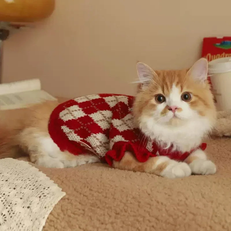 Winter Dog Knit Sweater Soft Dog Clothes Cute Plaid Puppy Sweater Cherry Print Cat Pullovers Pet Warm Turtleneck Poodle Apparel