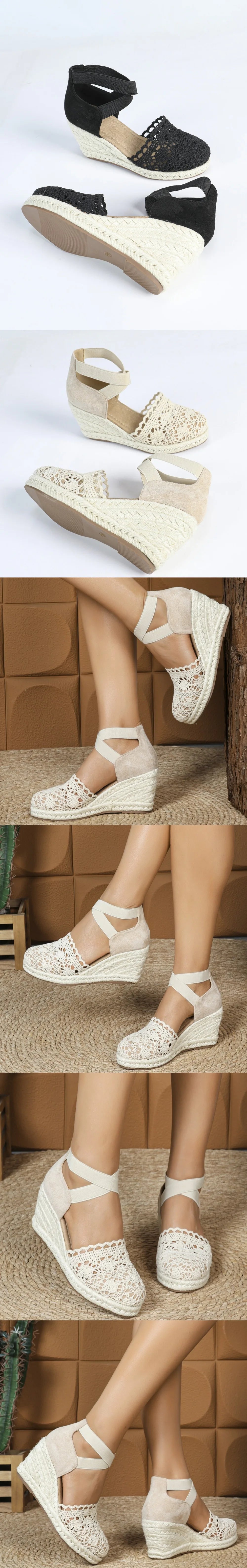 2025 Comfy Walk Big Size 43 Summer Lace Espadrilles Sandals Women Ankle Strap Platform Sandals High Heels Wedges Shoes Woman