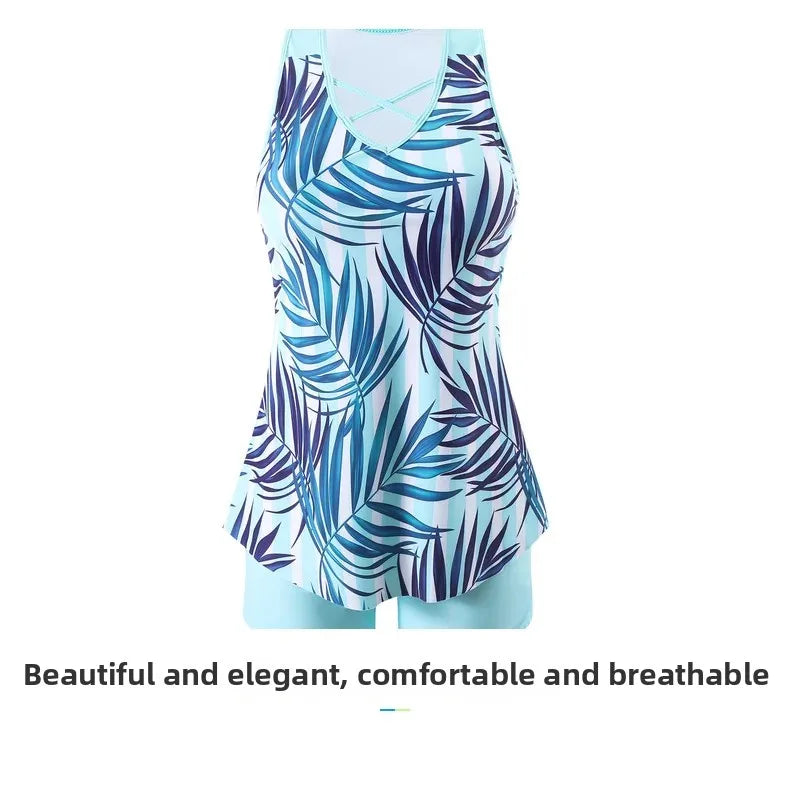 New Large Size Quick Dry Women's Shorts Strap Conservative Separate Bikini Swimsuit Flat Angle Vest Two Piece Swimwear Set