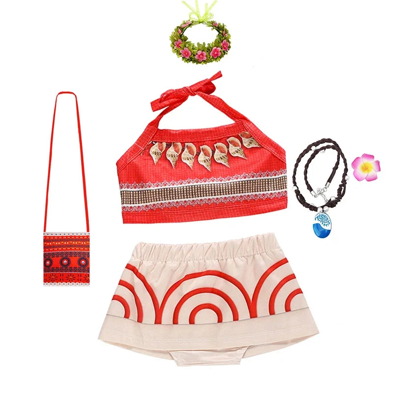 Children Cosplay Dresses Girls Moana Princess Dress for Kid Halloween Maui Vaiana Costume Children Birthday Party Clothes Set