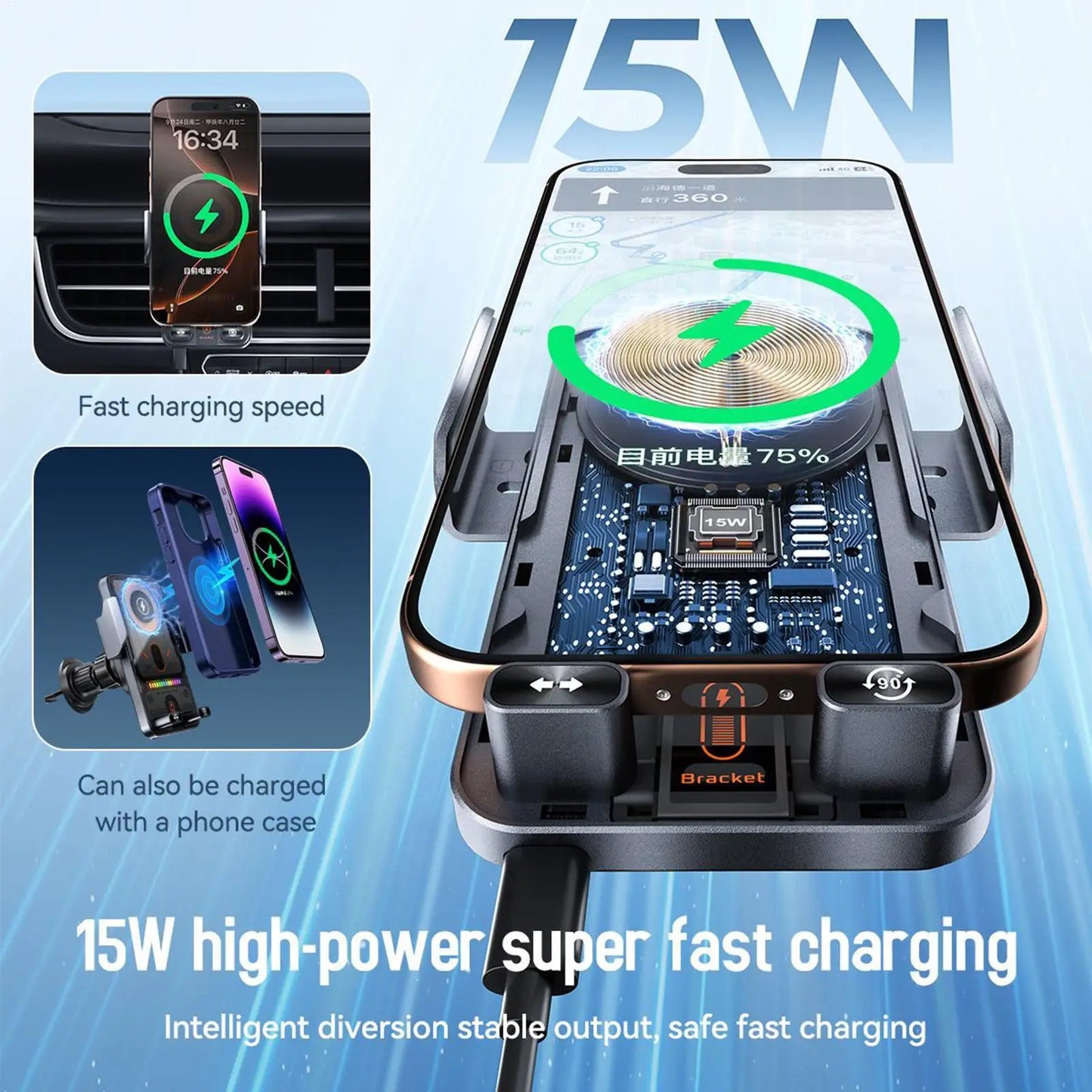 15W Auto-Clamping Wireless Car Charger Mount Fast Charging Air Vent Phone Holder with One-Hand Operation for Driving